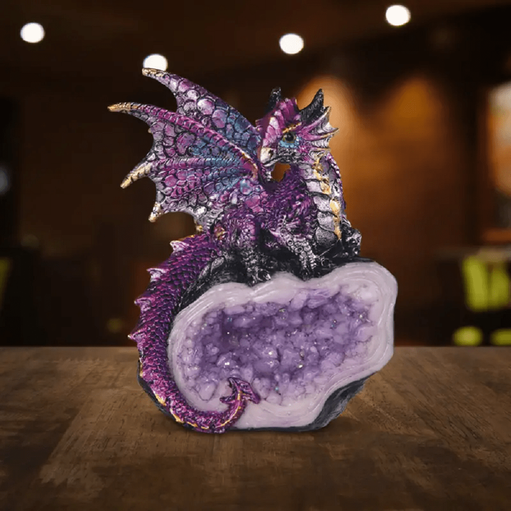 4" H Dragon Guarding Faux Crystal Cave Figurine Statue Home/Room Decor and Perfect Gift Ideas for House Warming, Holidays and Birthdays Great Collectible Addition