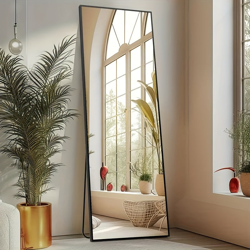 LED Lighted/Not-LED Lighted Full-Length Mirror with Arched/Rect Top - Aluminum Frame Floor-Standing Dressing Mirror for Bedroom & Living Room, Black/Golden/White