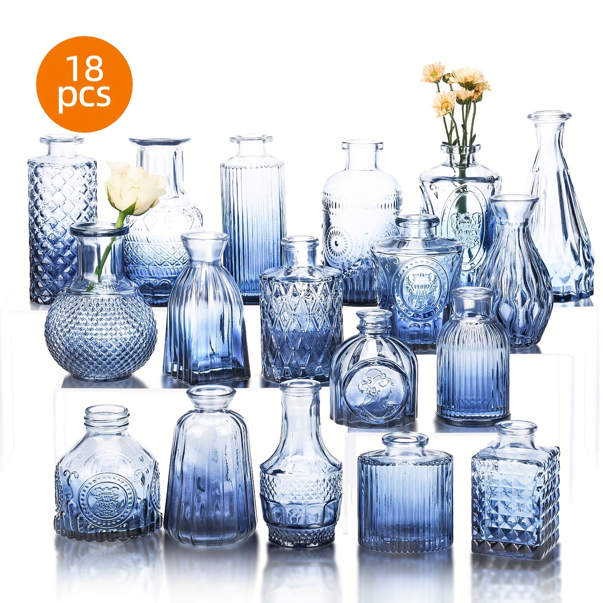 TOMNK 18/36pcs Bud Vases, Blue, Party Centerpieces, Wedding Centerpieces, Mini Gradient Bud Vases, Small Vases, Suitable for Birthday Parties, Anniversaries, Weddings, Home Dining Table Decor, Multiple Sizes, Mother's Day