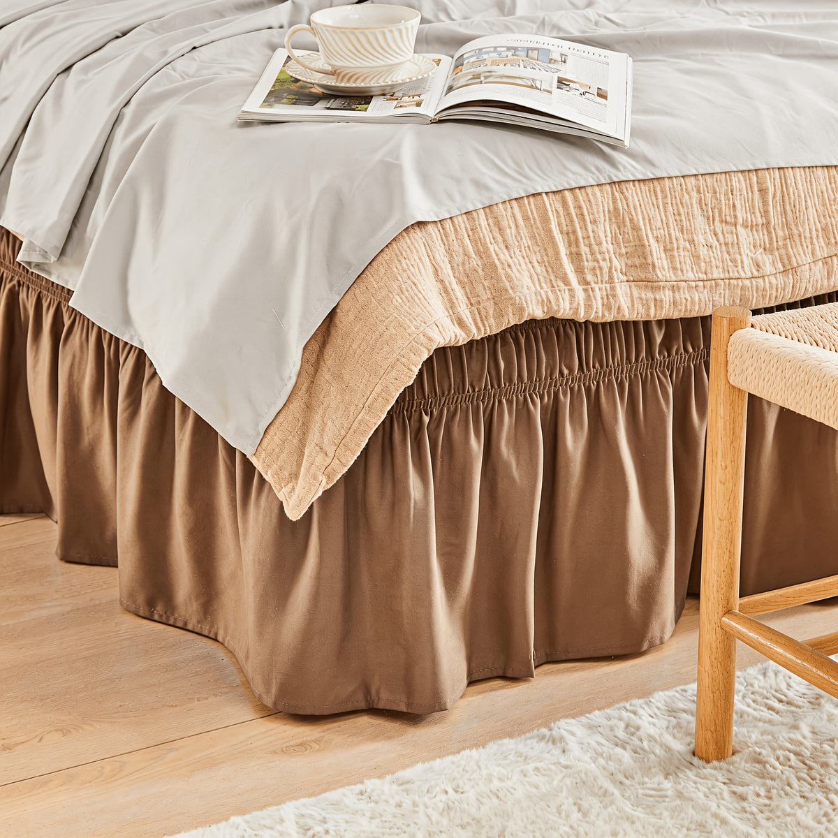 Leafy Sleep Elastic Bed Ruffle, Easy Wrap Around Ruffle, Microfiber Bed Skirt with Adjustable Elastic Belt 15 Inch Tailored Drop, Hotel Quality Bed Skirt, Fade Resistant, Easy Fit, Machine Washable