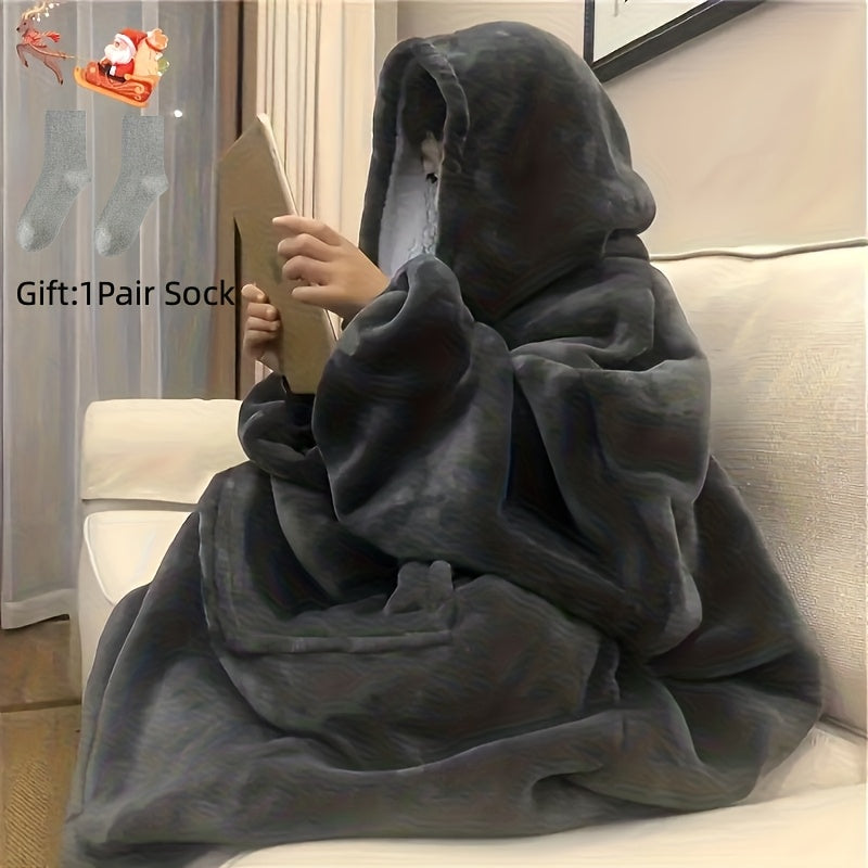 Hooded Wearable Blanket for Adults, Soft Reversible Oversized Lounge Wrap with Kangaroo Pocket, Pink, Gray and Pumpkin Styles for Cozy Nights