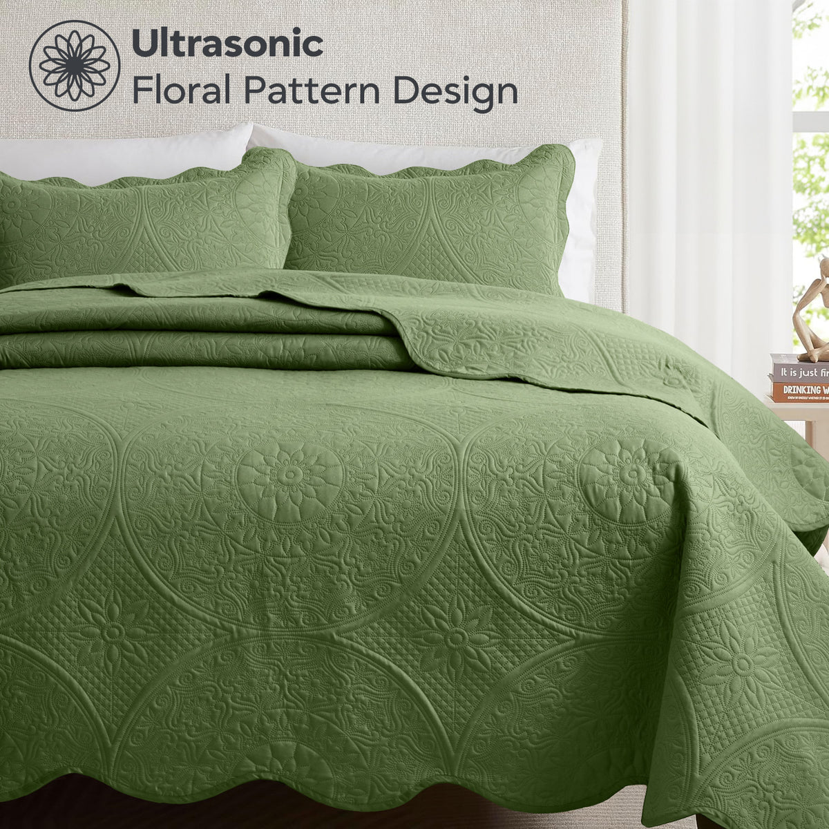3pcs Luxury Quilted Bedspread Set – Oversize Quilt Coverlet Soft & Cozy Floral Bedspread with Pillow Shams, Breathable Lightweight for Bedroom & Guest Room Decor