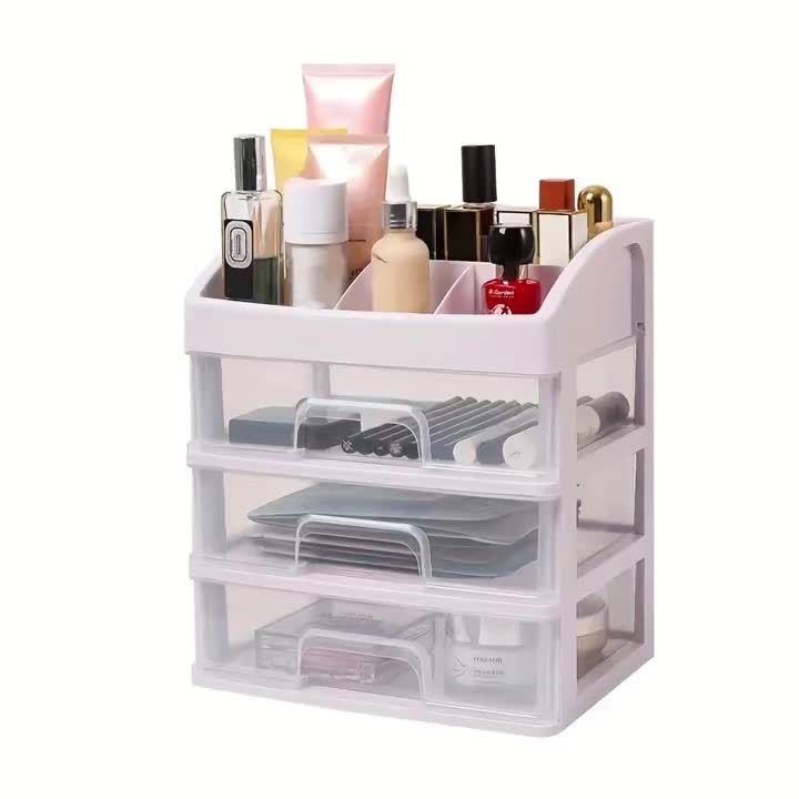 Makeup Storage Organizer with Six Top Compartments and Three Pull-Out Drawers, Four-Layer PP Plastic Cosmetic Holder for Skincare, Vanity and Desk Essentials