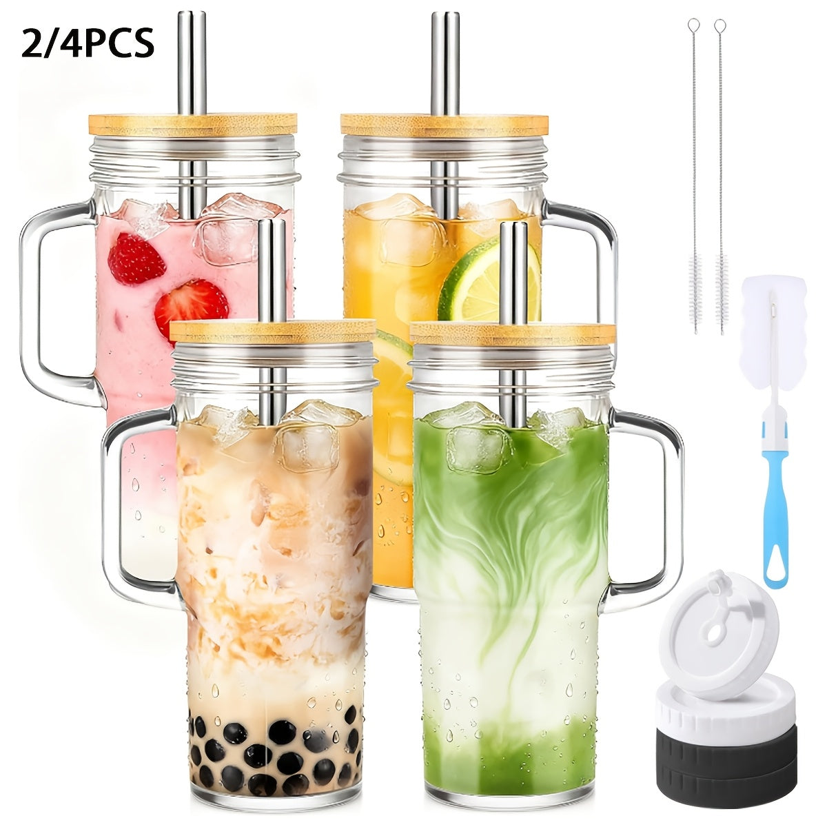 2/4pcs Tumblers with Lid And Straw - 24oz, with Bamboo Lid And Straw, Travel & Away Cups, Mason Glass Cup Drinkware Set, Free Sealed Silicone Lid & Straw Cleaning Brush!
