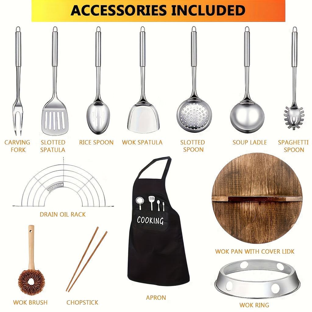 Wok, Cast Iron Frying Pan Wok Set - Nonstick, 12.6 Inch Pan With 13 Cookware Accessories, Suitable For All Stoves, Kitchen Utensils, Kitchen Tools, Kitchen Accessory, Kitchen Supplies Camping