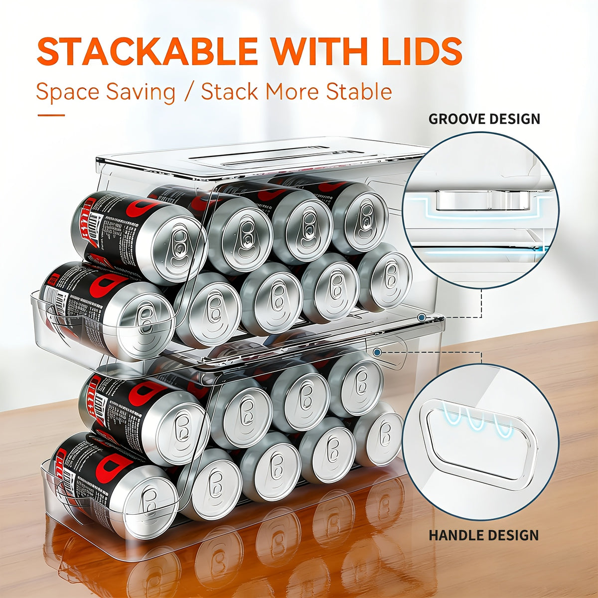1/2 Pack Soda Can Organizer for Refrigerator Stackable Can Holder Dispenser with Lid for Fridge, Pantry, Freezer, Holds 9 Cans Each, Bpa-Free, Clear Design