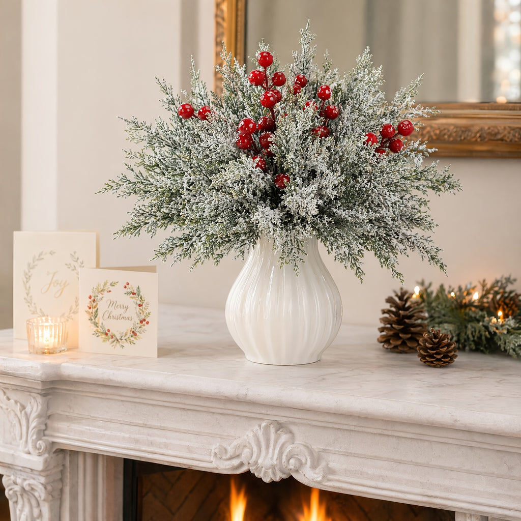 20pcs 14in Artificial Christmas Greenery Stems with Red Berries for DIY Wreaths, Xmas Tree Decor, Holiday Centerpieces, Indoor Home Decor, Christmas Vase Fillers