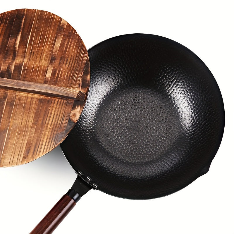 12.6" Iron Wok-11pcs Woks & Stir Fry Pans Wok Pan with Lid, No Chemical Coated Chinese Wok with 10 Cookware Accessories, Flat Bottom Wok for Electric, Induction, Gas Stoves