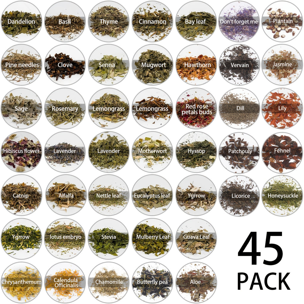 A Set Of 45pcs Supplies Herbs And Flowers- 45 Bottles Dried Herbs Kit for Beginners - Altar Supplies Different Herbs with 1pc Crystal Spoon for Wicca, Pagan Magic Incense Spells And Bath for Mothers Graduation Wedding Day Gift