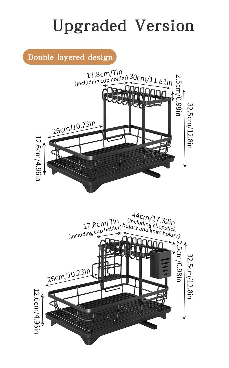 Double Tier Metal And Carbon Steel Cutlery Rack, Large And Durable, with Knife Fork And Cup Holders And Draining Board, Rustproof Two Tier, Space Saving for Kitchen Countertop, Make The Kitchen More Concise And Organized