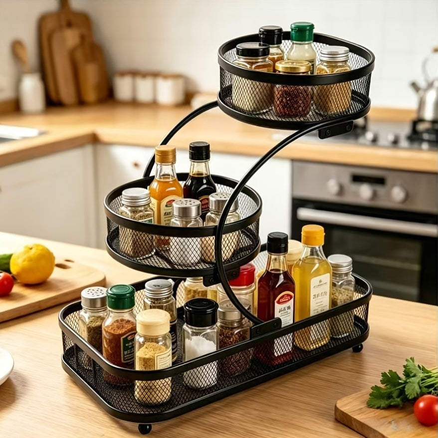 3-Tier Black Metal Mesh Storage Rack with Hooks Space-Saving Countertop Organizer for Kitchen, Bathroom Room Decor | Heavy-Duty Cosmetic Perfume Toiletry Display Stand, Shelf Baskets