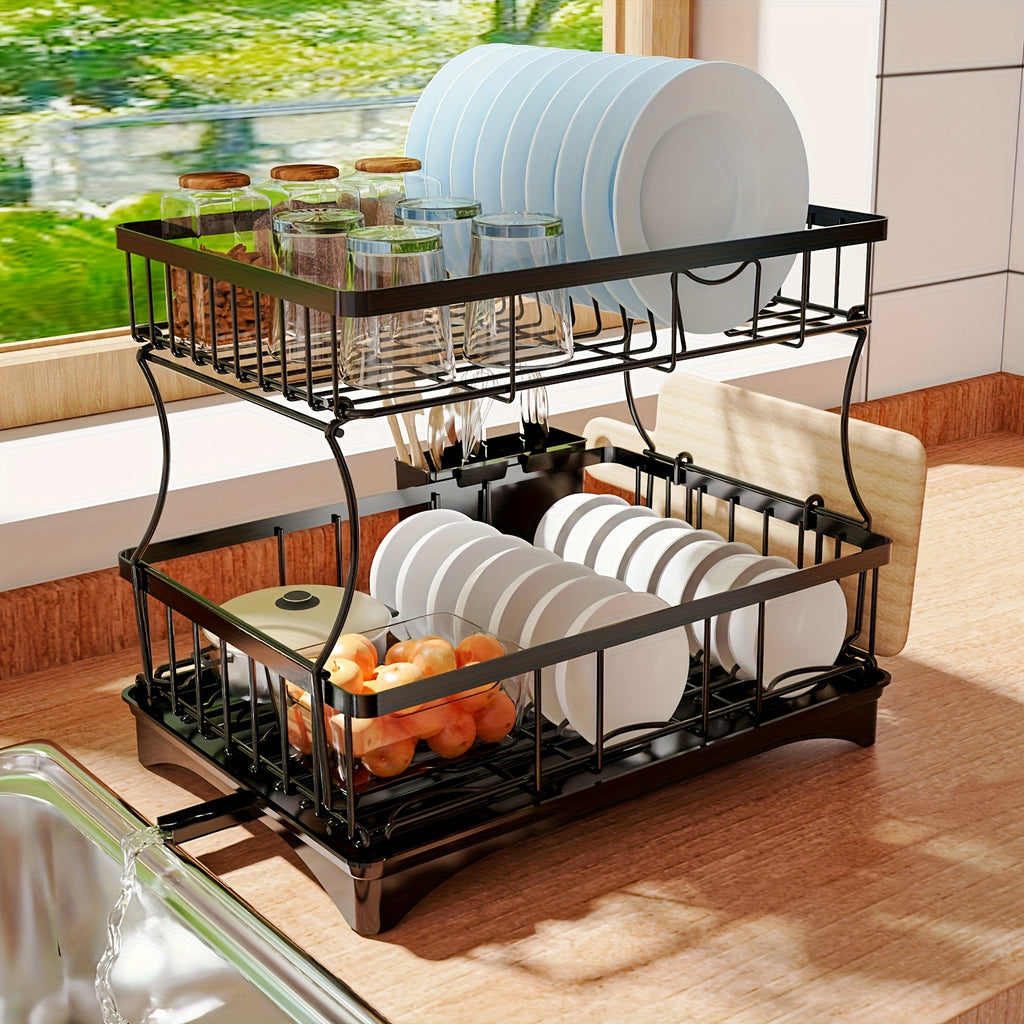2 Tier And 1 Tier Dish Drying Rack for Kitchen Counter, Dish Drainers for Kitchen Counter with Drainboard, Metal Kitchen Dish Rack with Drain, Kitchen Drying Rack Two Tier, Black Dish Racks, Spoons And Fork