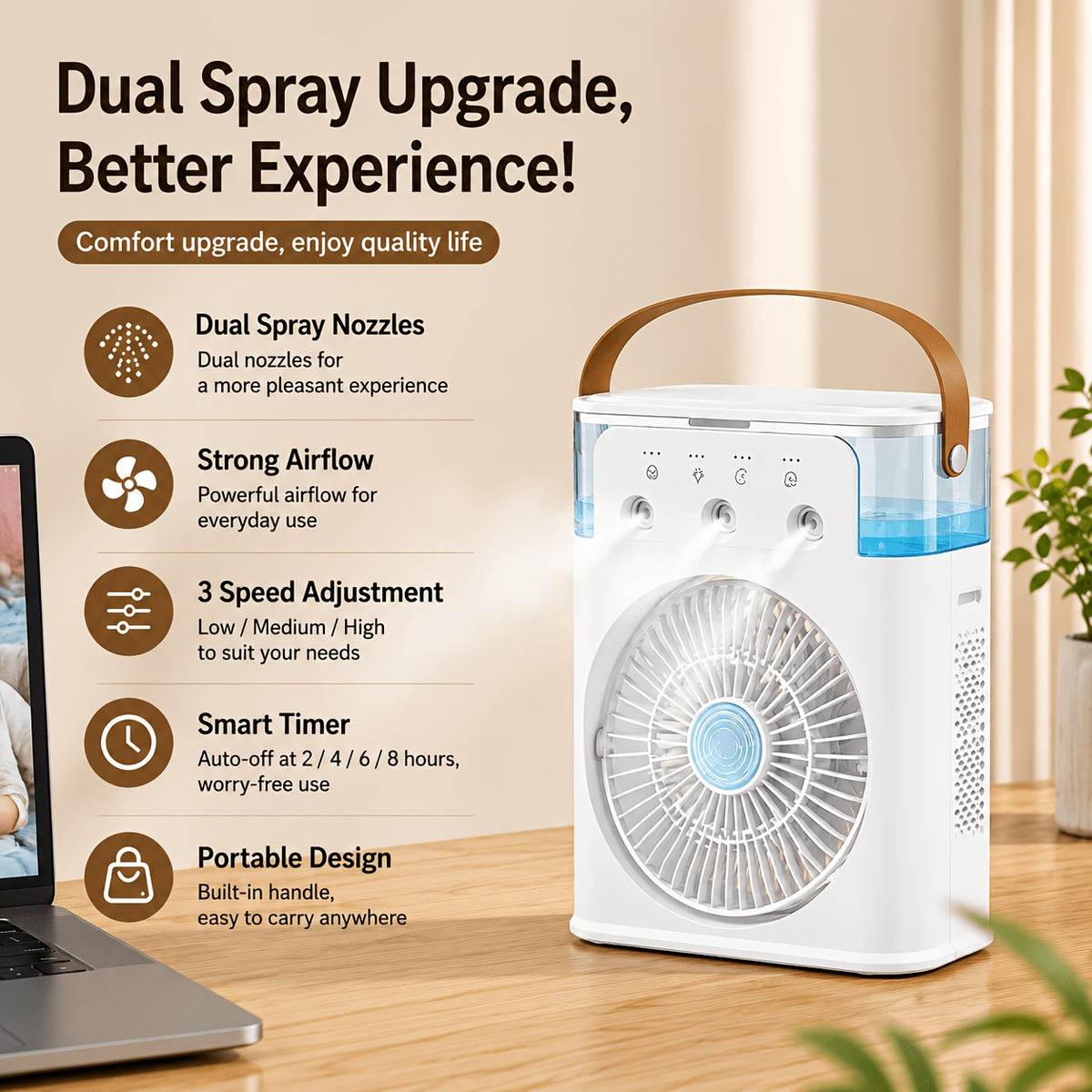 Portable USB Mist Fan With A Powerful 3300mAh Rechargeable Battery, Three Wind Speeds And Two Mist Modes, Comes With A Seven-color LED Mood Light And Timer Function, Perfect For Bedrooms, Offices, Dorms, And Camping To Help Ease The Summer Heat.