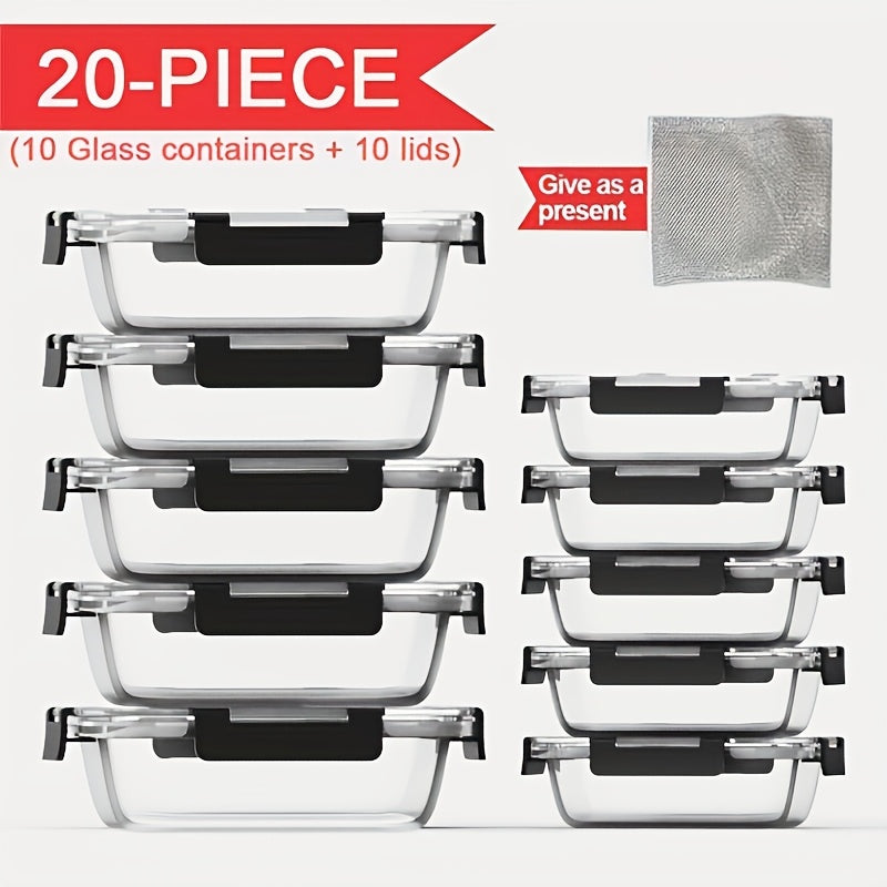 Stackable 20pcs Glass Food Container (10 Lids + 10 Containers) - Multi-purpose Meal Prep And Pantry. with Airtight Lids, Oven, Microwave, Refrigerator And Dishwasher Safe. Durable, Space-saving Design Improves Heating Efficiency And Organization.