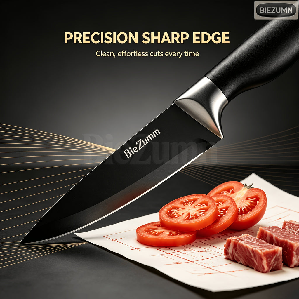 15pcs Black Kitchen Knife Set with Stainless Steel Blades, Non-Stick Coating, And Lightweight Ergonomic Handles- Professional Chef Knives for Home And Commercial Use, Sharp And Durable Utensil Set with Knife Block And Scissors