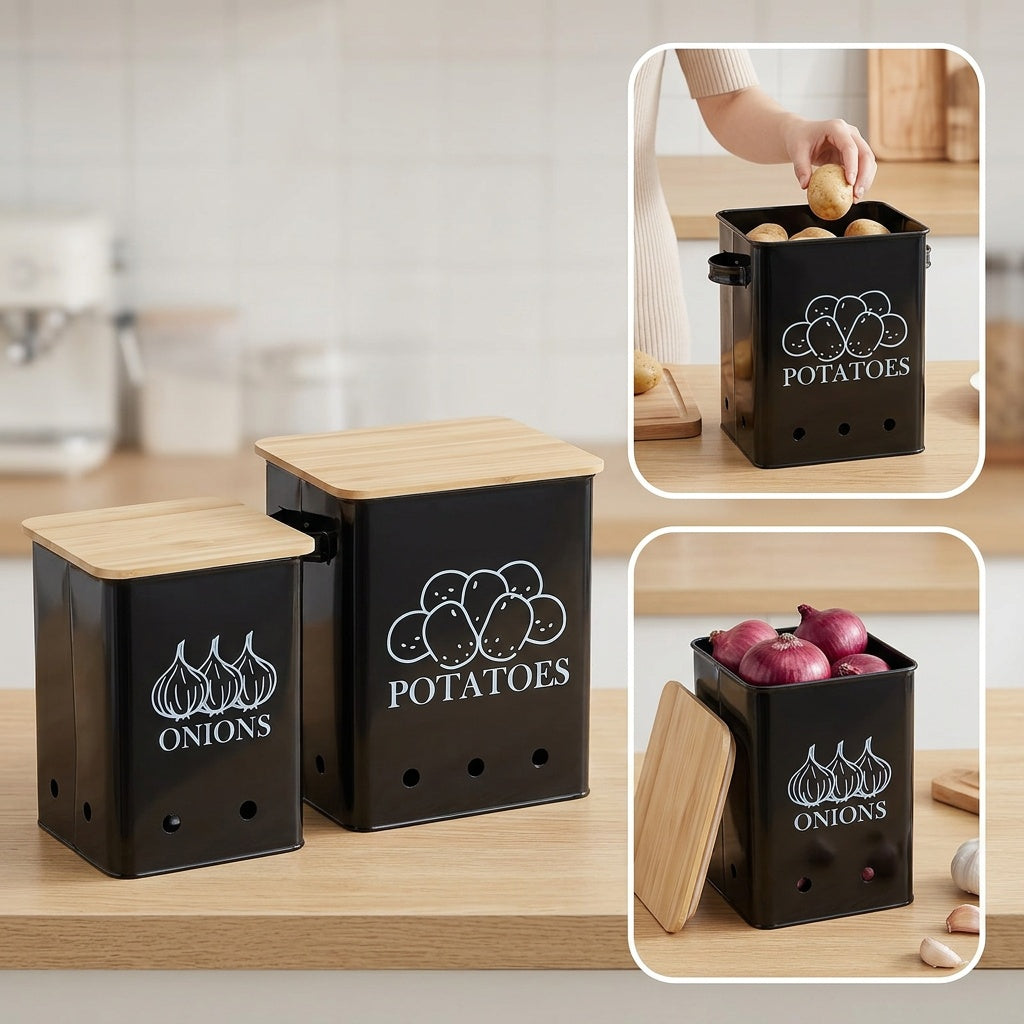 Kitchen Storage Canister, Potato Onion Storage Bin With Aerating Tin Storage Holes & Wooden Lid, Kitchen Organizers For Onion, Potato, Fruit, Black