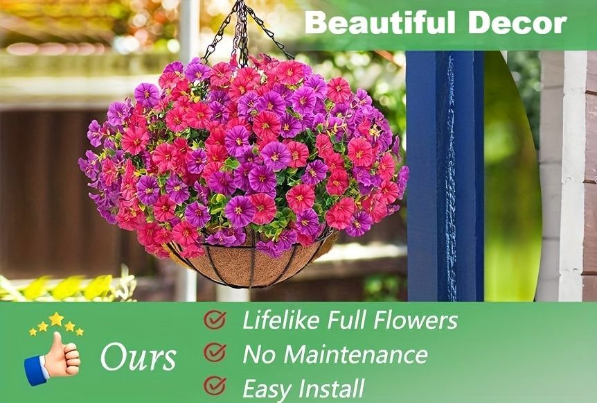 Artificial Hanging Petunia Flowers with Container, UV-Resistant Plastic Faux Floral Decor in Multicolor or Purple for Porch, Patio, Garden and Balcony