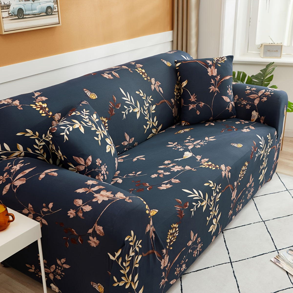 Modern Stretch Full-Size Sofa Cover - High-Stretch Polyester Blend, Non-Slip & Machine Washable, Digital Print Telescopic Fit for 1-4 Seater Sofas, Home & Office Dual-Use, Contemporary Style, Furniture Protector, Floral Pattern, Snug Elastic, Furniture Sl