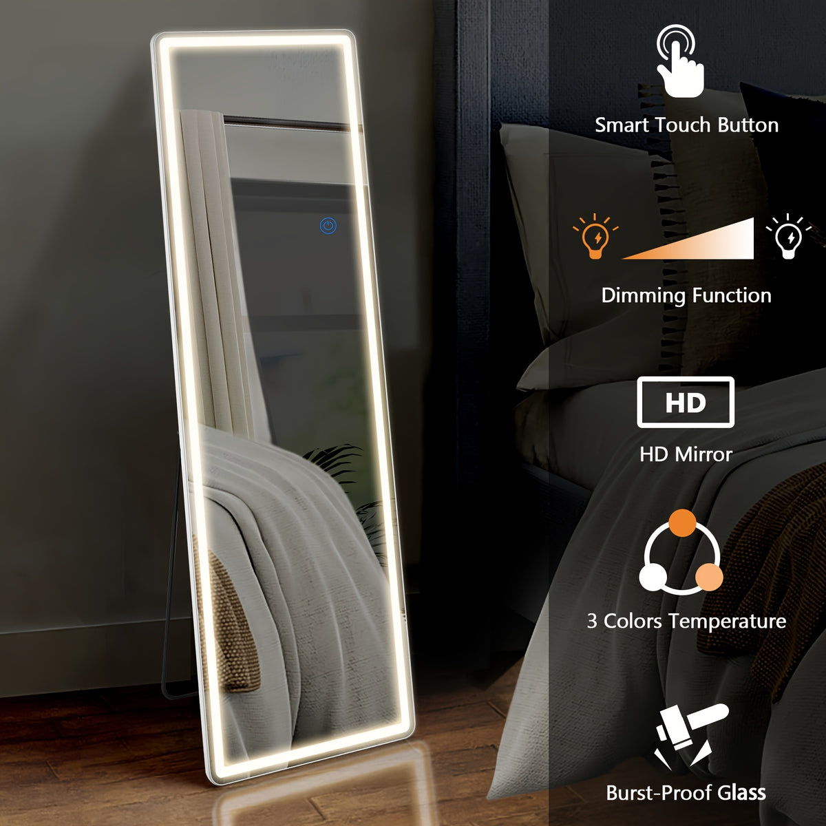 SMUG 64 X 21 Inch Mirror Full Length Standing Mirror with LED Lights, Lighted Floor Mirror with Stand, W/Dimming And 3 Color Lighting, Wall Mirror Full Length Aluminum Alloy Thin Frame
