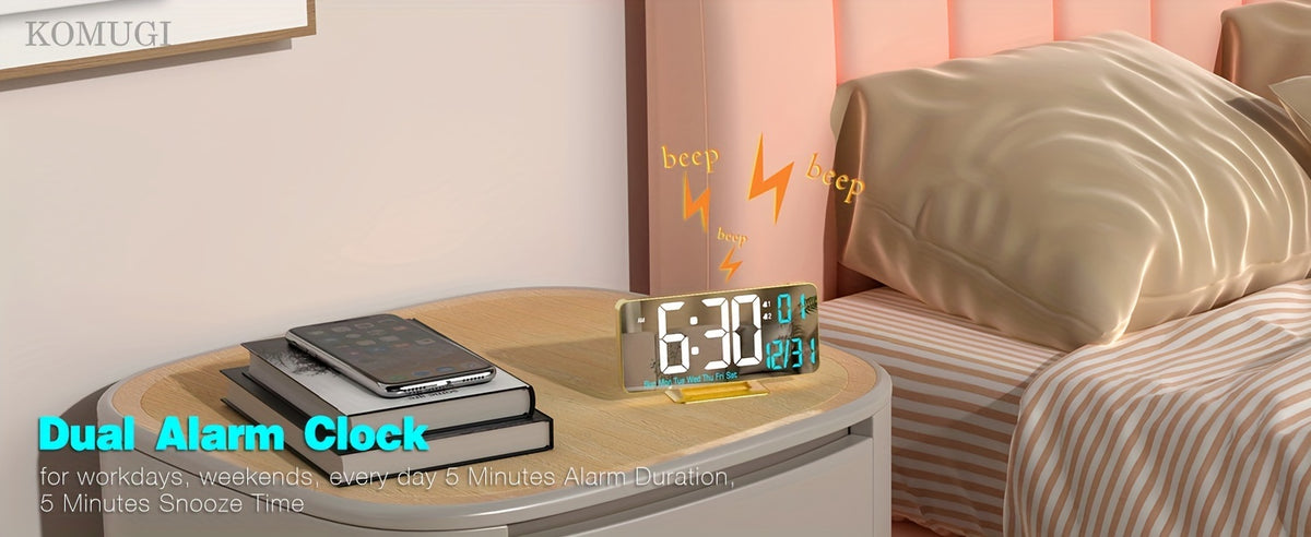 1pc Komugi Large 6.7" Golden Digital Alarm Clock with Dual Alarm, Dimmable LED Display, Temperature/Humidity-like (No Hygrometer), Date/Day of Week, USB-Powered Modern Desk Clock for Bedside, Living Room, Office - LCD Screen
