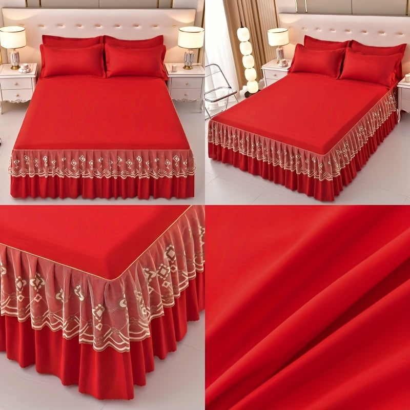 3pcs Macrame Bed Skirt Set (Bed Skirt *1+ Pillowcase*2, Without Core), Solid Color Double Layer Lace Bed Skirt All Seasons Universal Non-Slip Bedding