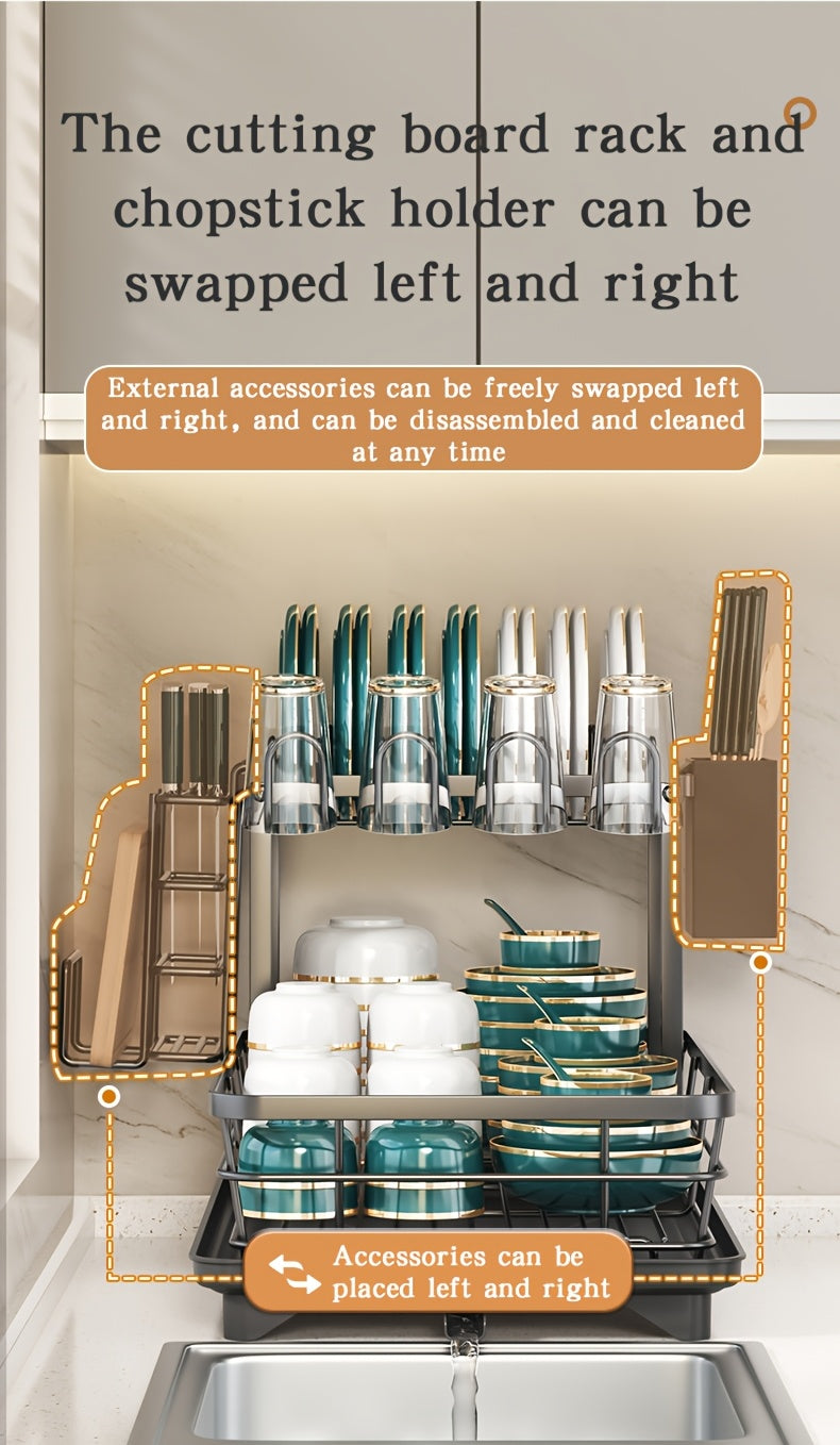 Carbon Steel Dish Drying Rack with Two Tiers, Drainboard, Knife and Fork Holder & Cup Storage for Space-Saving Kitchen Countertop Organization