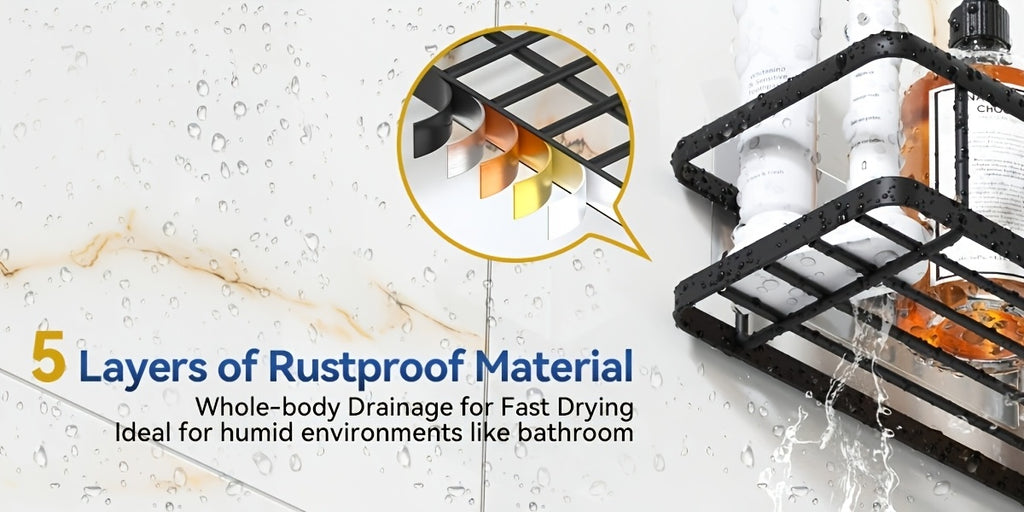Corner Shower Caddy Set, 5-Pack No-Drill Rustproof Bathroom Organizer with Soap Holder and 4 Removable Hooks for Shampoo and Everyday Toiletries