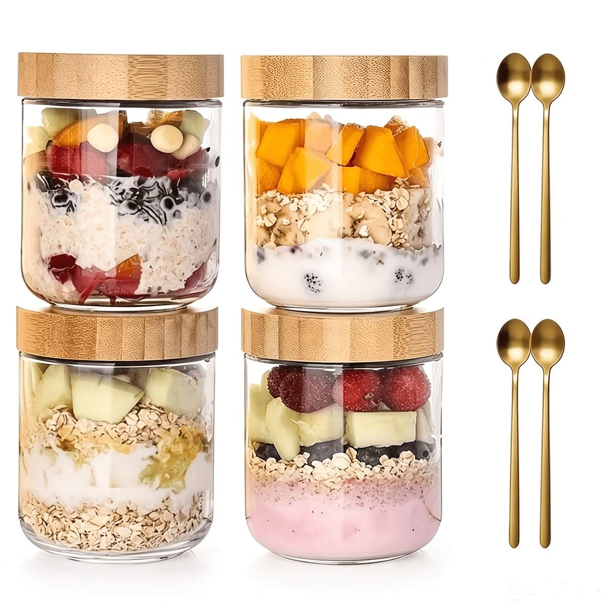 4/6-Pack Overnight Oats Containers with 4/6pcs Spoons And Bamboo Lids, Glass Jars with Airtight Lids for Meal Prep, Wide Mouth Mason Salad Jars, Glass Food Storage Container for Yogurt Chia Snacks Spice Sugar
