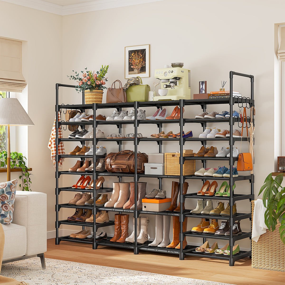 Large Capacity Metal Shoe Rack, Black Shoe Rack Organizer, Boots Storage Rack, 4 Rows 6 Tier & 4 Rows 9 Tier Shoes Rack | Heavy Duty Storage Shelf |Holds 45-72 Pairs Of Shoes|Stable And Durable, Easy to Assemble for Living Room, Bedroom, Dormitory