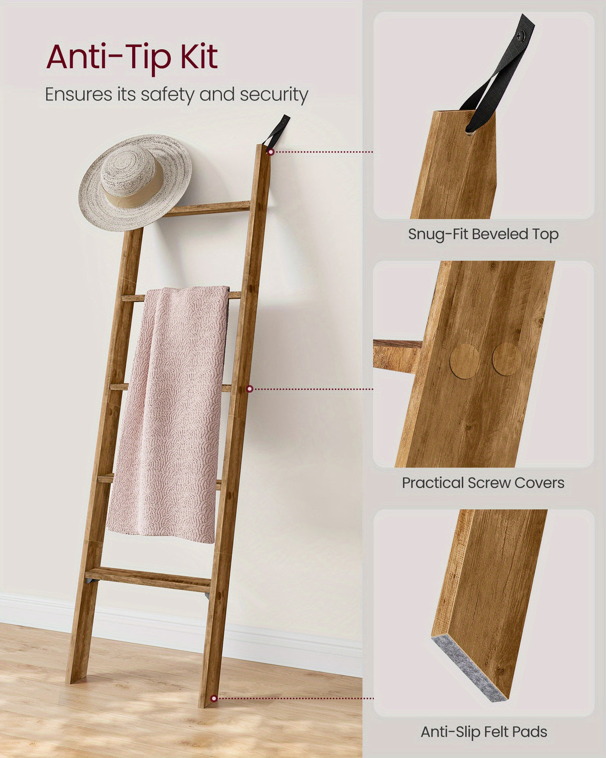 5-Tier Blanket Ladder Decorative Farmhouse for The Living Room, Maroon Brown Ladder Rack for Storage and Decor, Ladder Shelf, Towel Racks