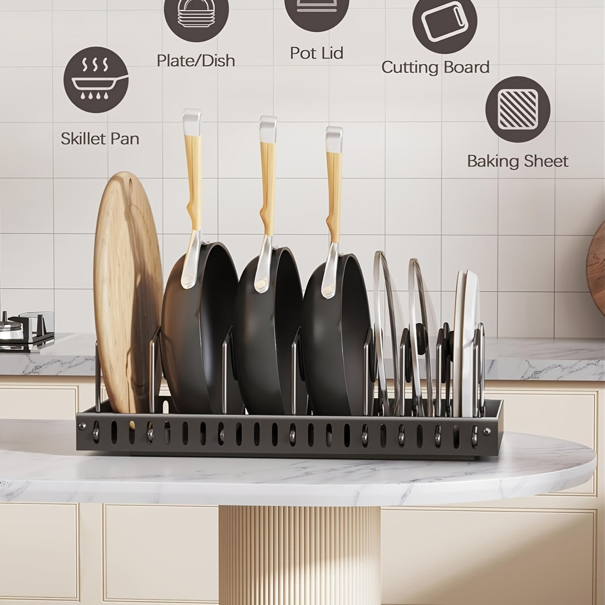 Pull-Out Pan Organizer for Kitchen Cabinets with Adjustable Dividers, Sliding Pot Lid and Bakeware Storage Rack in Black or White, 1 or 2 Pieces