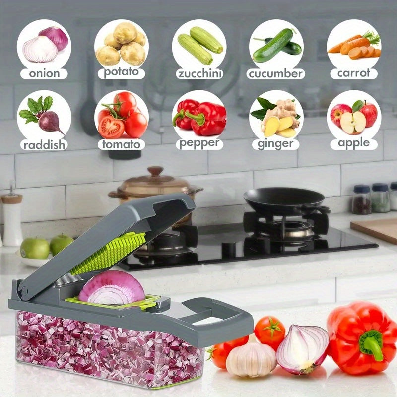 16-In-1 Vegetable Chopper, Professional Onion Chopper, Multi-Functional Food Chopper, Kitchen Vegetable Slicer And Dicer, Vegetable Chopper with 8 Blades, Carrot Chopper with Container Father Gift