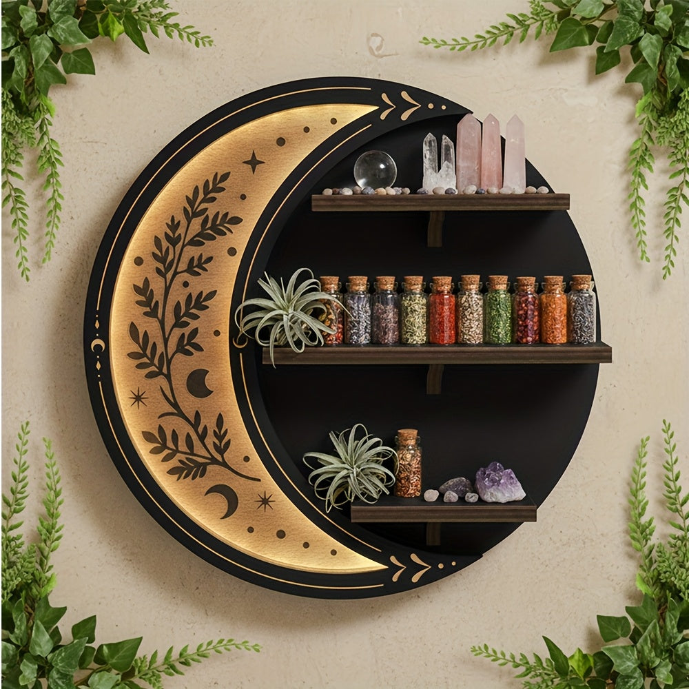 Moon Shelf Decor Cute Moon Floating Shelves with Light, Witchy Boho Room Decor Aesthetic Wall Shelf Small Display Racks Suitable for Crystal/essential Oil/collectibles, Rock Gem Stone Storage Organizer, Trinkets Holder, Unique Celestial Gift for Moon