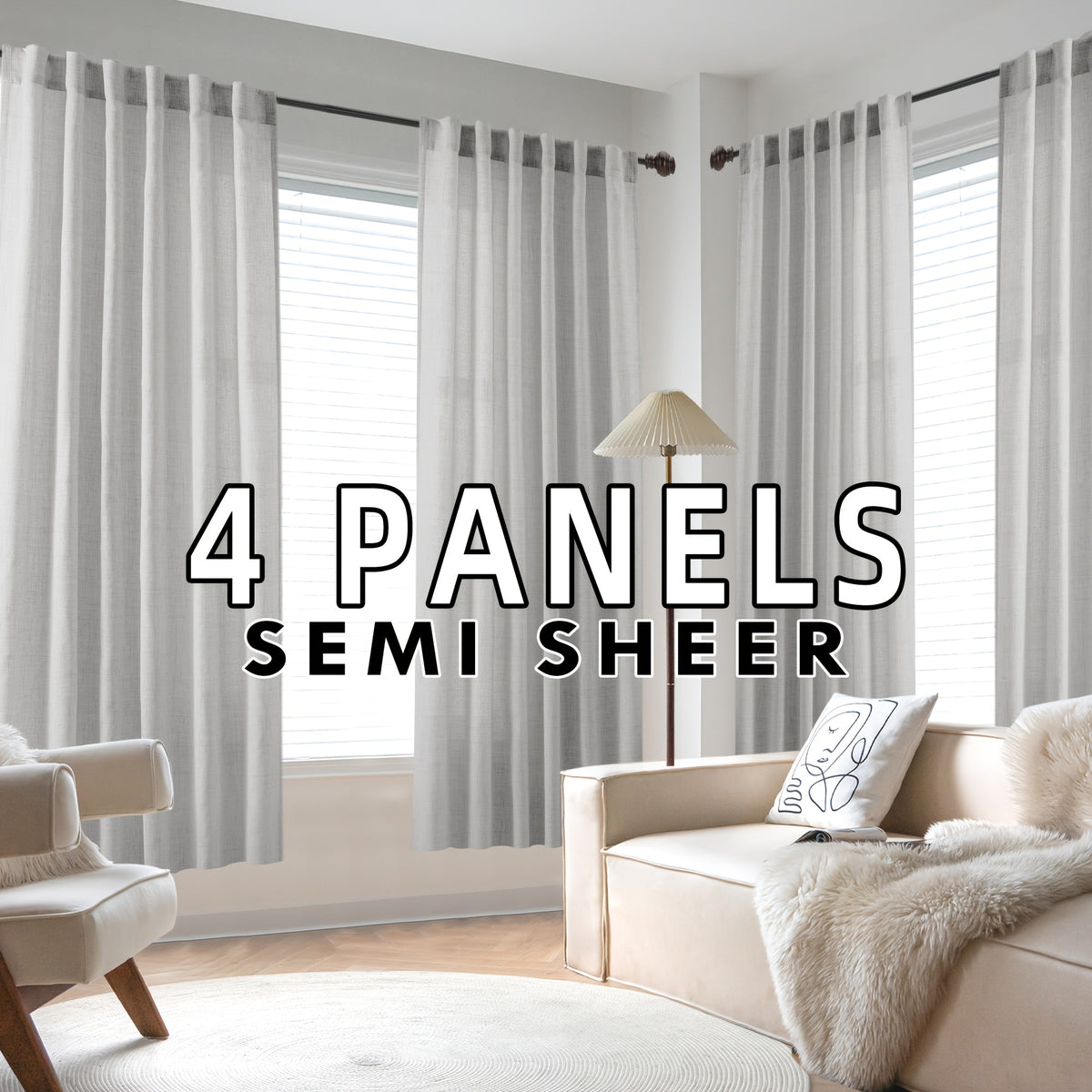 4 Panels Natural Linen Curtains for Living Room Semi Sheer Farmhouse Real Flax Rod Pocket Back Tab Boho Rustic Light Filtering Window Drapes for Bedroom Privacy Assured