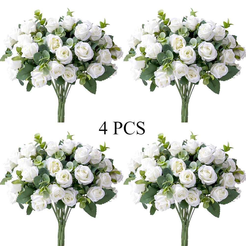4 Bunches of Realistic Artificial Roses - Vibrant Pink, Red, White And Green Plastic Faux Flowers, Suitable for Valentine'S Day, Weddings, Home Decoration, Indoor/ Outdoor Flower Arrangements (No Maintenance Required)