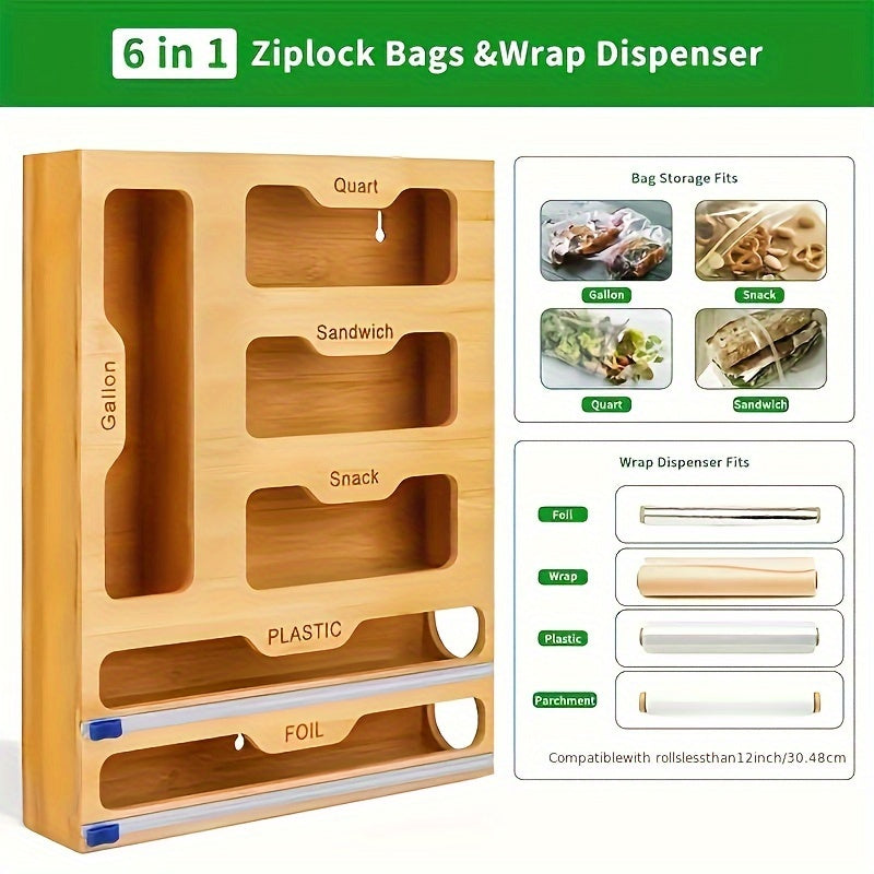 Bamboo Bag Organizer And Foil And Plastic Wrap Organizer Aluminum Foil Organization And Storage Plastic Wrap Dispenser with Cutter for Kitchen Drawer for Gallon Quart Sandwich Snack Kitchen Supplies