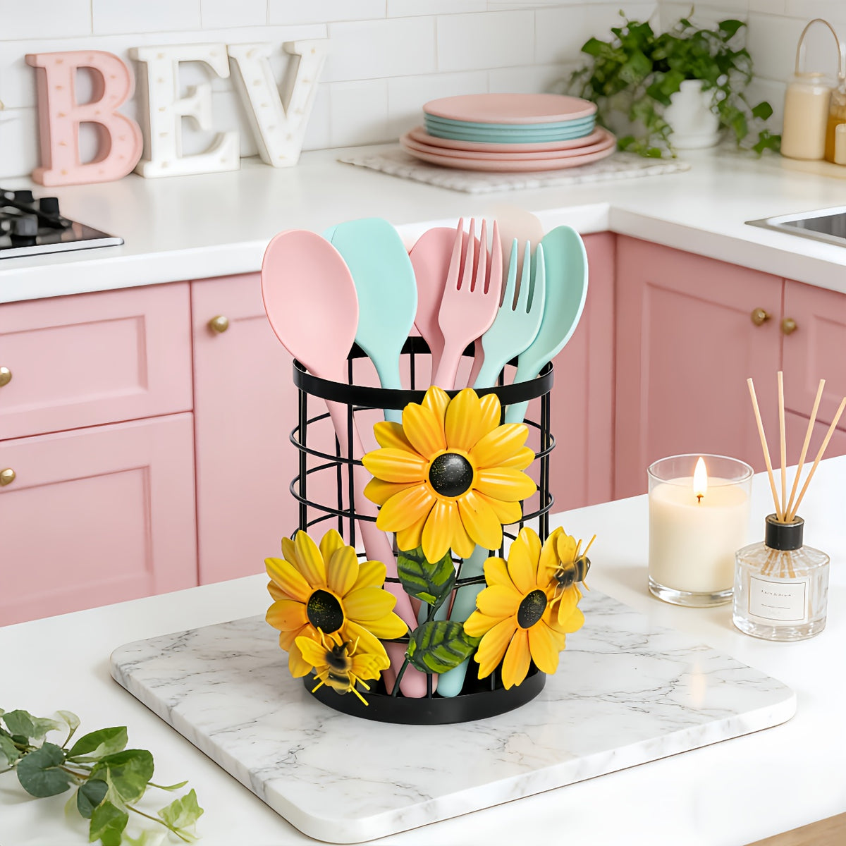 Sunflower Flatware Storage Basket - Open Kitchen Countertop Organizer, Home Storage & Decor, Housewarming Gift Must-Have, Stylish & Functional Present