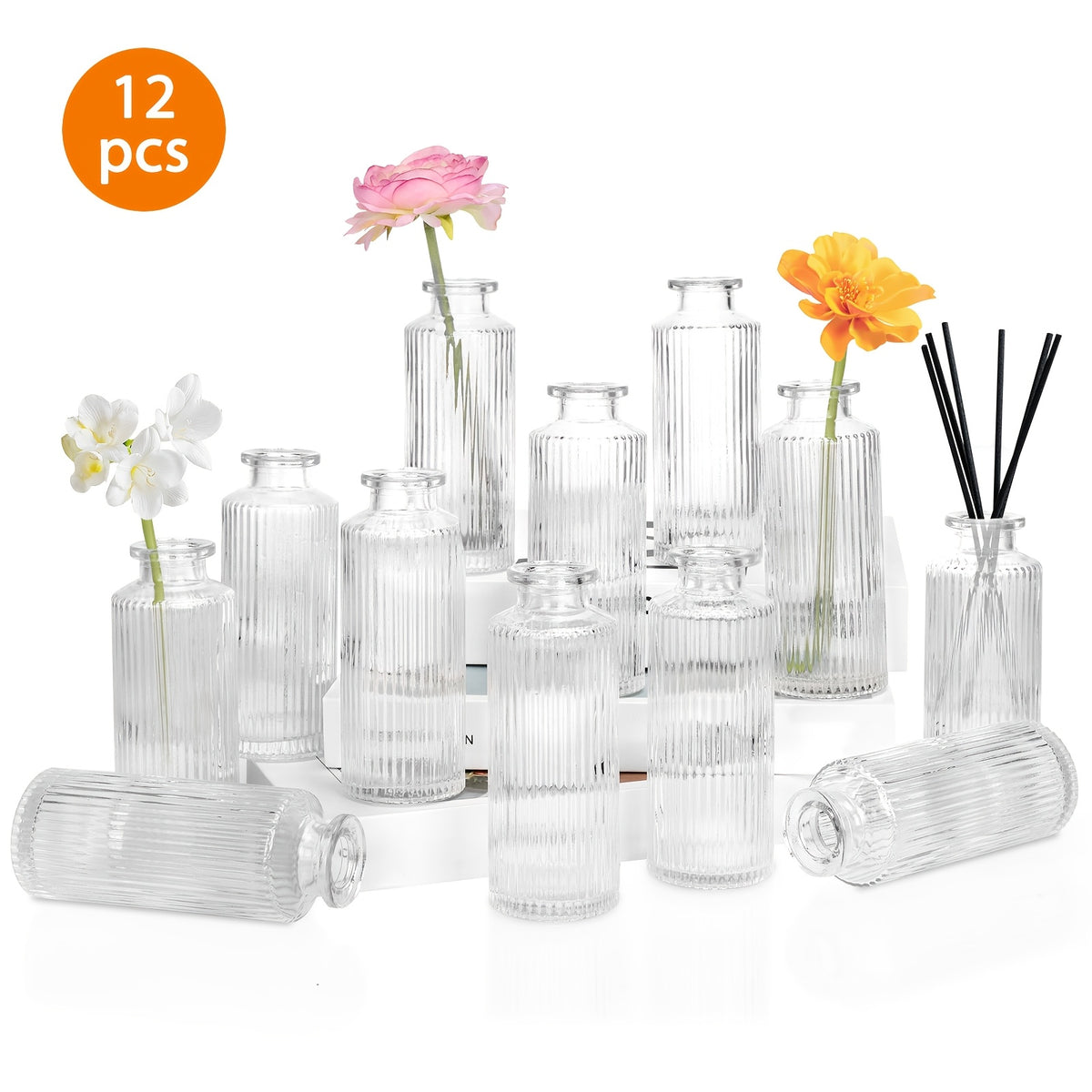 12/24/36pcs Bud Vase, Modern Striped Style, Wedding Centerpieces for Tables, Mini Clear Bud Vases for Flowers, Small Flower Vases Suitable for Birthday Party, Anniversary, Wedding, Home Table Deco, Multiple Sizes, for Mother's Day
