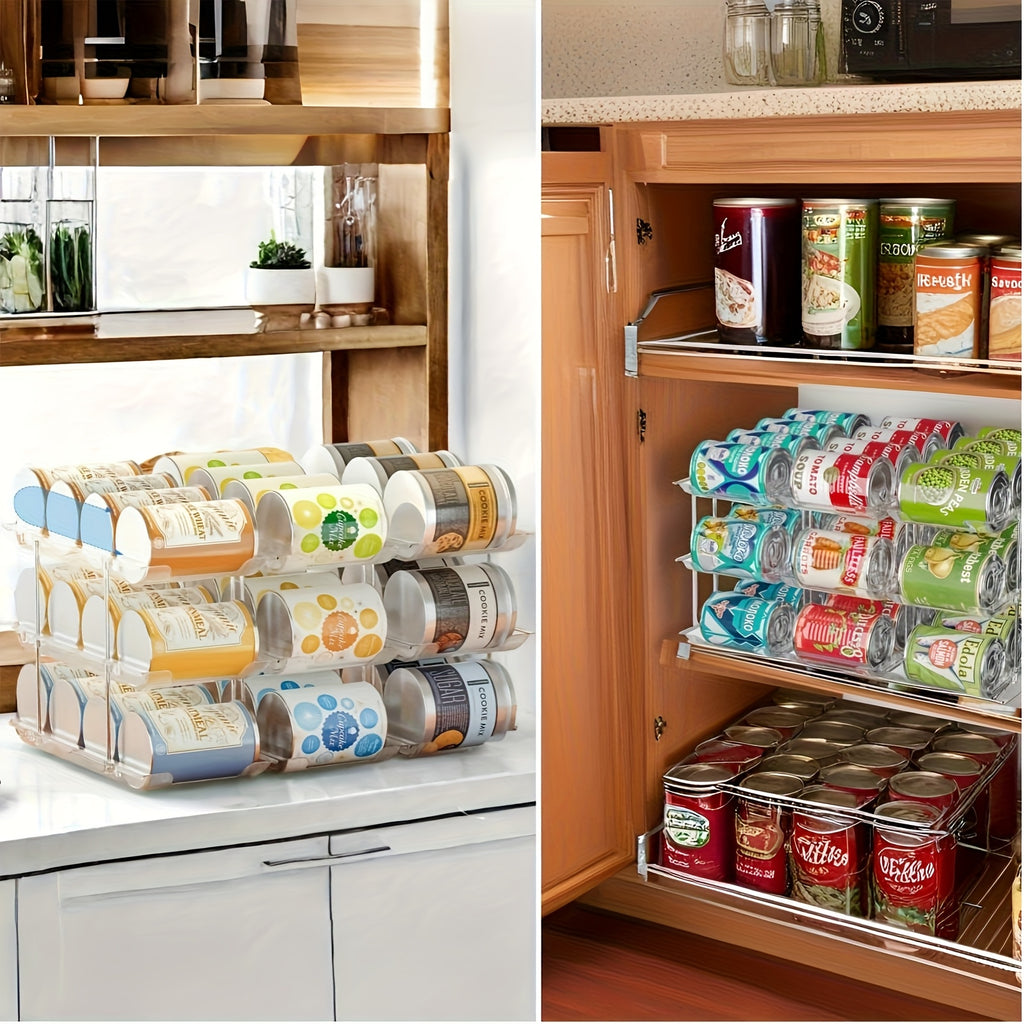 3-Tier Can Organizer Rack for Pantry Fridge 36-Capacity Stackable Rolling Soda Can Storage, Clear Plastic, Space-Saving Automatic Rolling Canned Food Organizer (3 Sets)