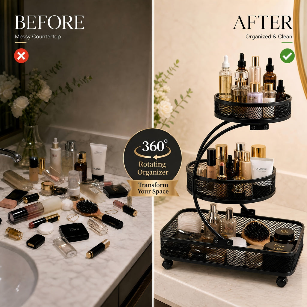 3-tier Metal Bathroom Storage Rack, Includes A Spray Bottle | Hooks - Space-saving Countertop Organizer For Cosmetics, Skincare, And Toiletries | Rust-resistant Diamond Mesh Design | Sturdy And Durable, Suitable For Vanities, Bathrooms, Wardrobes