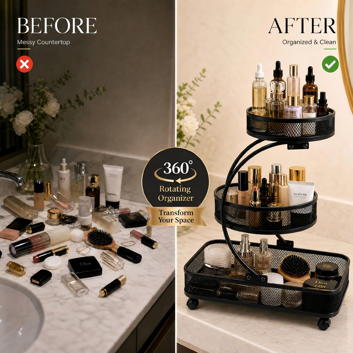 3-tier Metal Bathroom Storage Rack, Includes A Spray Bottle | Hooks - Space-saving Countertop Organizer For Cosmetics, Skincare, And Toiletries | Rust-resistant Diamond Mesh Design | Sturdy And Durable, Suitable For Vanities, Bathrooms, Wardrobes