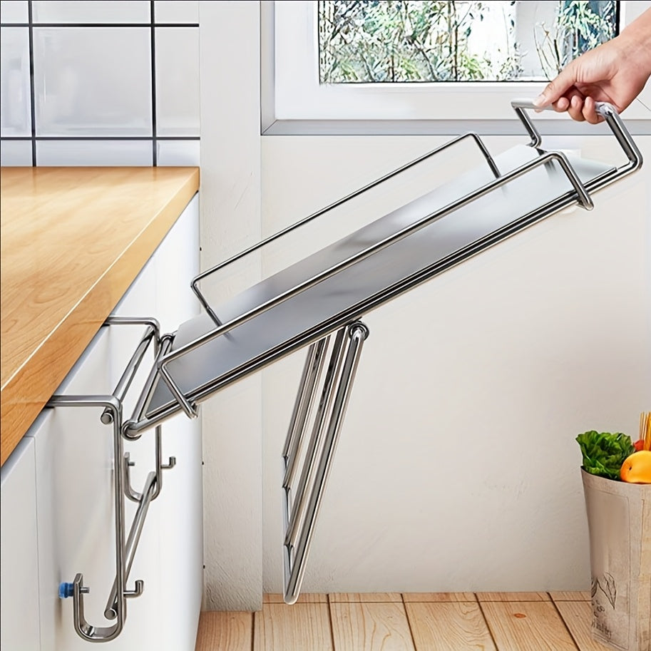 Foldable Stainless Steel Countertop Storage Rack, Silvery, Black, Kitchen Storage Rack, Cabinet Door Hanging Table Board, Bathroom Shelf, Multi-functional Hanging Cabinet Door Organizing Rack, Space-saving