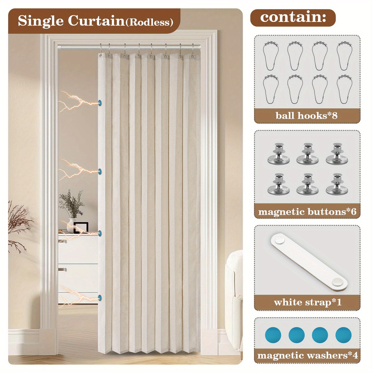 1pc Foldable Door Curtain, No-Rods Partition Privacy Waterproof, with Hook Attachment And Binding, All Season Available Bathroom