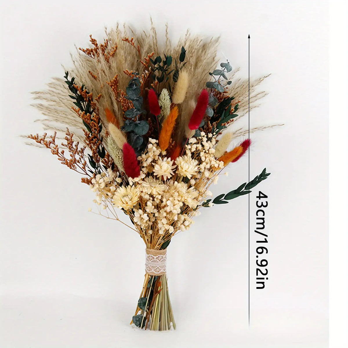 Bohemian Dried Flower Bouquet with Bama Grass, Eucalyptus & Rabbit Tail Plants - Artificial Plastic Flowers in Beige, Brown, White, Red, Green & Golden - Rustic Wedding, Bridal, Valentine'S Day, Halloween, Easter, Thanksgiving Centerpiece - No Maintenance