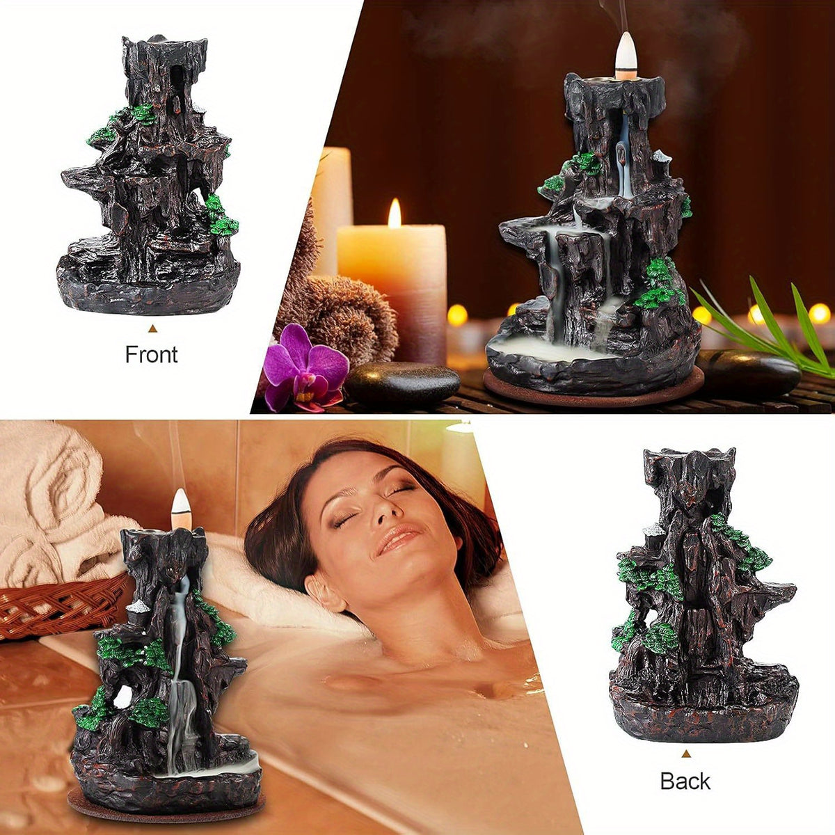 Incense Holder, Backflow Incense Holder 2 Sides Waterfall Incense Burnier with 120 Backflow Incense Cones, 30 Incense Sticks, Aromatcherapy Ornamen for Home