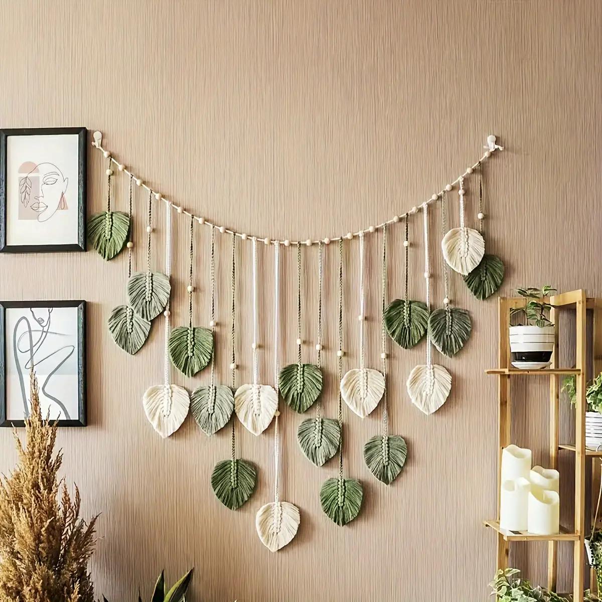 1 Bohemian-style Leaf Feather Wall Hanging - Modern Color-blocked Green, White, and Beige Interwoven Tapestry, Elegant Textured Home Wall Decor, Ideal Mother's Day Gift, the Perfect Bohemian-style Soft Accent Piece