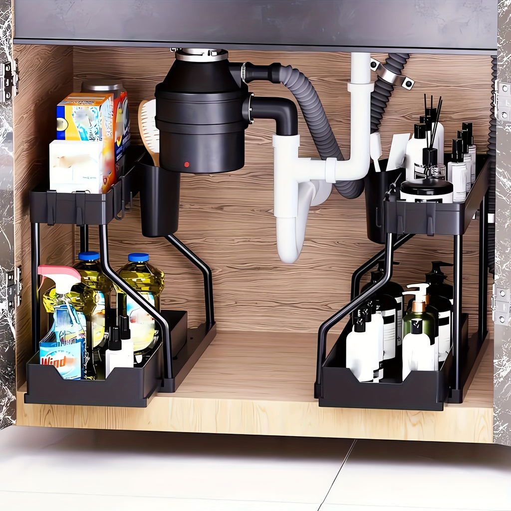 2pcs Under Sink Organizer with Sliding Shelves Multi-Purpose Black Plastic Storage Basket for Bathroom And Kitchen Cabinet Durable Construction Bathroom Organizer