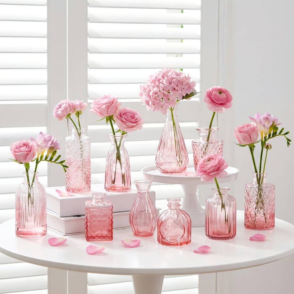 Pink Glass Bud Vase Set, 12 or 36 Vintage-Style Textured Mini Flower Vases for Wedding Centerpieces, Bridal Showers, Party Favors and Home Table Decor