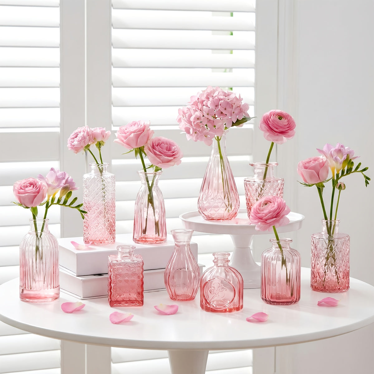 12/36pcs Pink Glass Bud Vase | Vintage Carved Glass Teardrop Vases for Wedding Decoration, Home Table Flower Arrangements, Bridal Shower & Party Favors