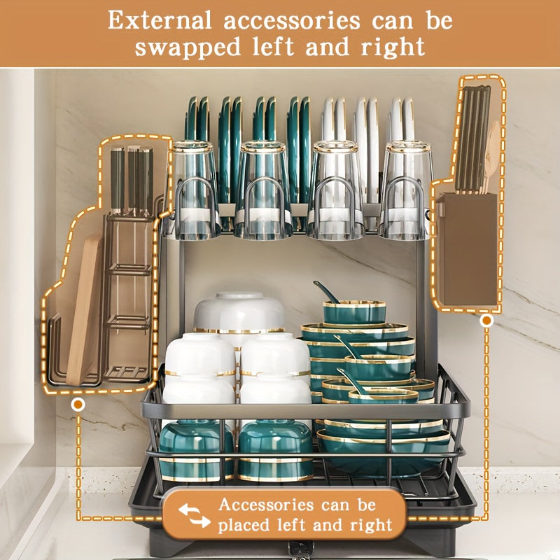 2-Tier Metal Dish Drying Rack, Suitable for Types of Countertops. Space-saving and Durable, Comes with Cutlery Holder, Cup Holder, and Rust-proof Drip Tray. Helps Your Kitchen Neat and Organized.